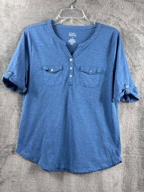 Croft & Barrow Womens Blue Henley Top W/ Lace Trim Button Pockets & Roll-Tab Sle
